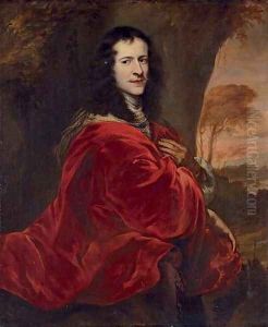 Portrait of a gentleman, three-quarter-length, in a red cloak, before a landscape by Jurgen Ovens