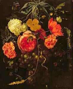 Still Life with a Swag of Fruits and Flowers Tied with a Blue Ribbon by Maria van Oosterwyck