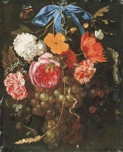 A poppy, a snowball, pink and yellow roses, carnations, grapes, blackberries, an ear of wheat and sprigs of oak and holly suspended by a ribbon by Maria van Oosterwyck