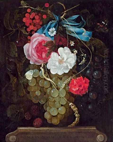 A carnation, roses, grapes, redcurrants and berries hanging from a blue ribbon, with butterflies, above an entablature - view 1
