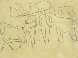Two Clowns And Two Horses At The Circus by Ernst Ludwig Kirchner