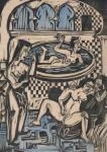 Bather Scene For "die Drei Madchen Und Der Lasttrager" by Ernst Ludwig Kirchner