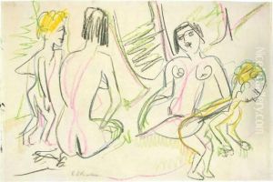 Zwei Weibliche Akte Und Zwei Kinder by Ernst Ludwig Kirchner