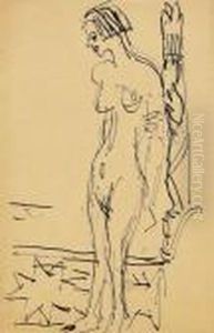 Stehender Madchenakt Vor Geschnitztem Pfosten by Ernst Ludwig Kirchner