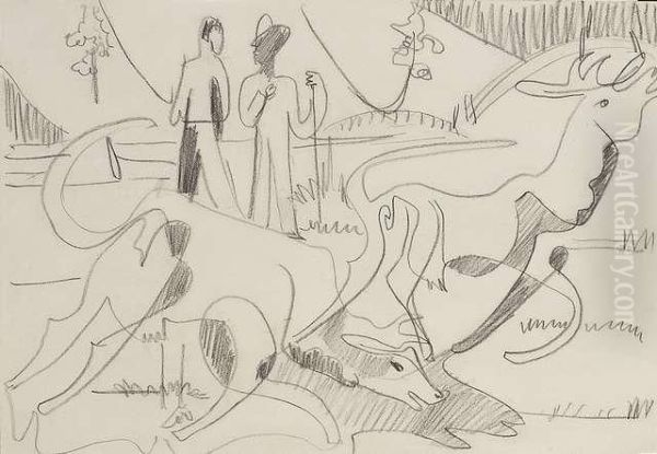 Kirchner, Ernst-ludwig: At The
Alp. Graphiton Paper. Estate Stamp. - Minimally Stained. Lower Sheet
Edgecut - view 1