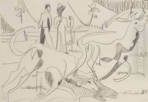 Kirchner, Ernst-ludwig: At The 
Alp. Graphiton Paper. Estate Stamp. - Minimally Stained. Lower Sheet 
Edgecut by Ernst Ludwig Kirchner