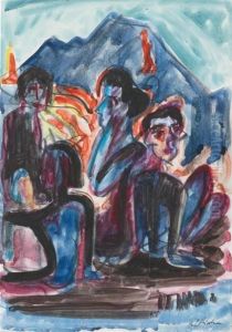 Figures Before A Mountain.