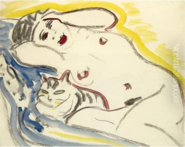 Liegender Weiblicher Akt Mit
Katze (reclining Female Nude With Cat) - Recto Weisse Katze (white Cat) -
Verso - view 1
