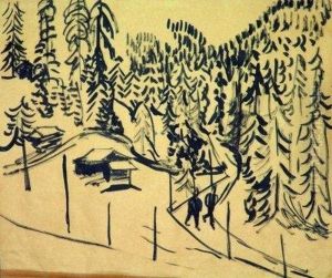Forest Hut With Two Strollers. 1923 by Ernst Ludwig Kirchner