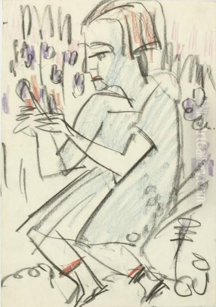 Sitzendes Madchen In Ganzer Figur Nach Links, Von Blumen Umgeben - view 1