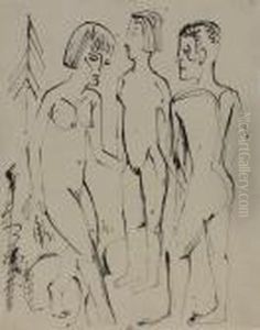 Zwei Weibliche Akte Und Ein Nackter Mann Im Wald by Ernst Ludwig Kirchner