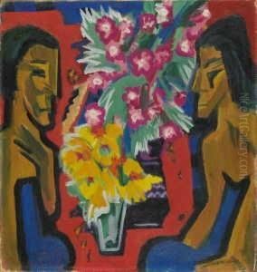 Stilleben Mit Zwei Holzfiguren Und Blumen by Ernst Ludwig Kirchner