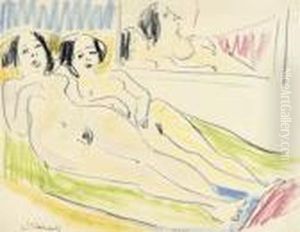 Zwei Liegende Mackte Madchen (franzi Und Marcella Auf Dem Sofa) by Ernst Ludwig Kirchner