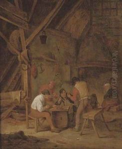 Peasants smoking and drinking in an interior by Adriaen Jansz. Van Ostade