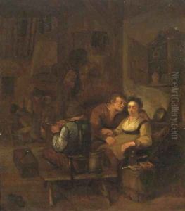 Peasants merry making in an interior by Adriaen Jansz. Van Ostade