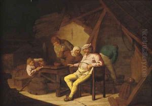 Peasants smoking and drinking in a barn