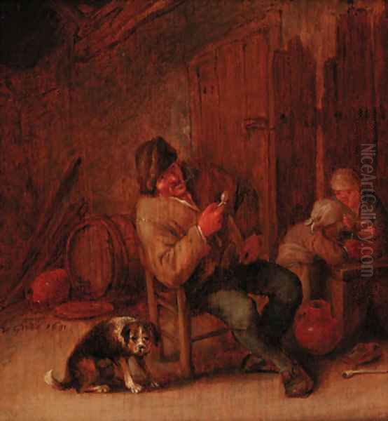 A boor smoking in an inn, with a dog and two children - view 1