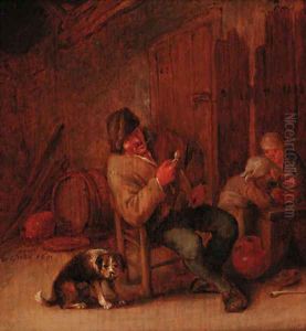 A boor smoking in an inn, with a dog and two children