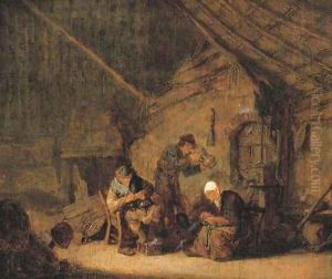 A man delousing a cat with other peasants in an interior by Adriaen Jansz. Van Ostade