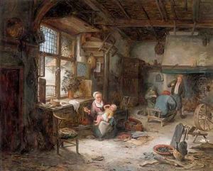 A mother feeding her child and other peasants in an interior