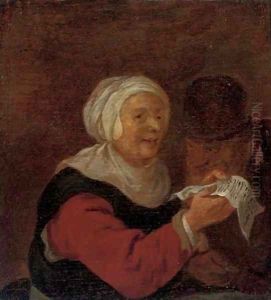 A woman reading a letter to a man in an interior