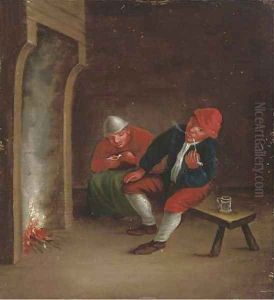 Boors smoking pipes by a fire in an interior by Adriaen Jansz. Van Ostade