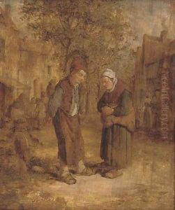 Two peasants conversing in a village street by Adriaen Jansz. Van Ostade