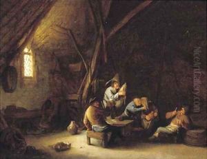 A barn interior with merry company and a bagpipe player