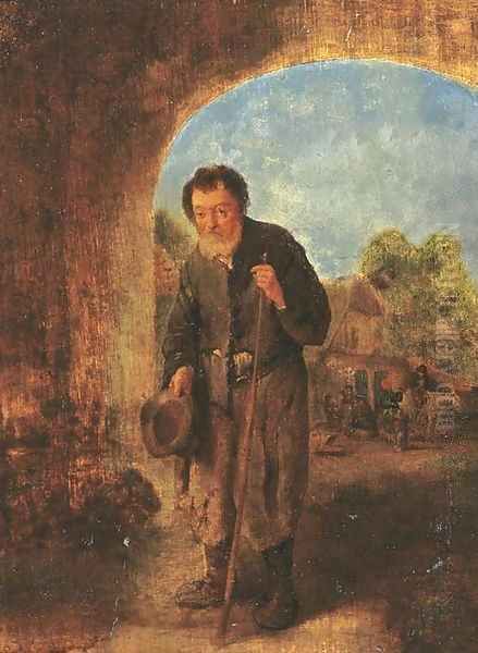 A beggar standing under a gateway, peasants by a farmhouse beyond - view 1