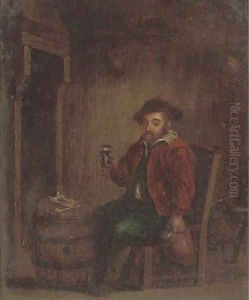 A boor drinking in an interior by Adriaen Jansz. Van Ostade