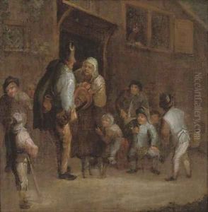 A hurdy-gurdy player with peasants outside a tavern by Adriaen Jansz. Van Ostade