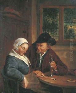 A man courting a woman in an interior by Adriaen Jansz. Van Ostade