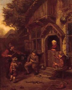 Boors listening to the music of a violinist in a farmyard