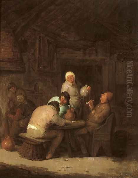 Peasants seated around a table smoking and drinking - view 1