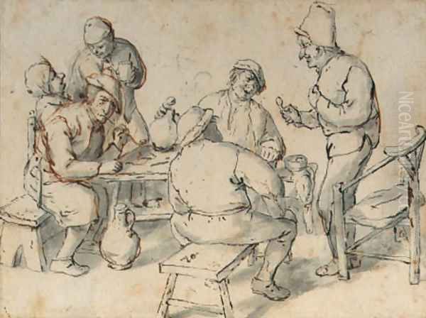 Smokers and drinkers by a table - view 1