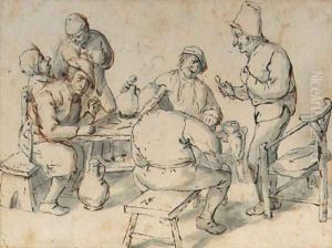 Smokers and drinkers by a table by Adriaen Jansz. Van Ostade
