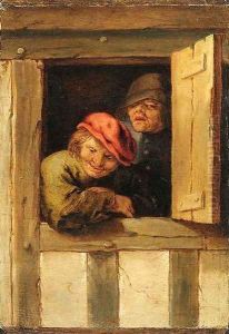 Two peasants at a window by Adriaen Jansz. Van Ostade