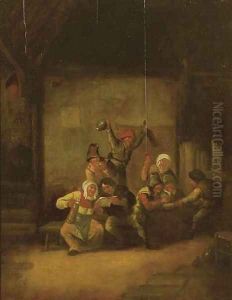 Boors drinking and singing in a barn