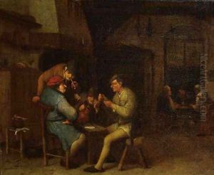 Boors playing at cards in a tavern by Adriaen Jansz. Van Ostade