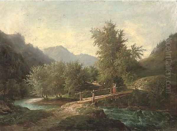 A mountainous wooded river landscape with a figure crossing a bridge - view 1