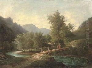 A mountainous wooded river landscape with a figure crossing a bridge by John O'Connor