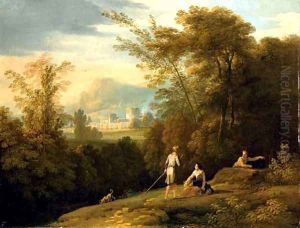 A landscape with shepherds, a town beyond