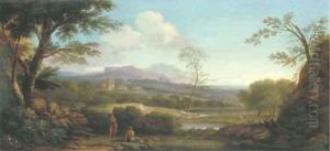 An extensive Italianate landscape with shepherds by a river and a village beyond by Jan Frans Van Bloemen (Orizzonte)