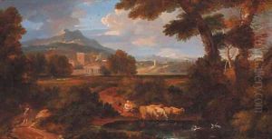 A classical landscape with shepherds watering sheep at a pool by Jan Frans Van Bloemen (Orizzonte)