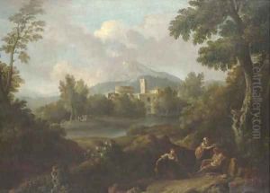 An Italianate landscape with classical buildings and figures by a lake by Jan Frans Van Bloemen (Orizzonte)
