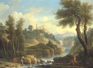 A mountainous river landscape with fishermen and other figures, a hilltop town beyond