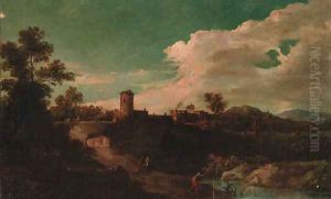 An Italianate landscape with an angler by a pool, with peasants on a track, a village beyond