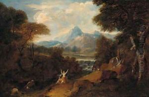 A classical landscape with Venus surprised by satyrs
