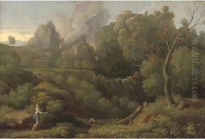 A wooded landscape with figures in the foreground, a volcano erupting beyond