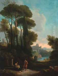 An Italianate landscape with figures resting by a fountain